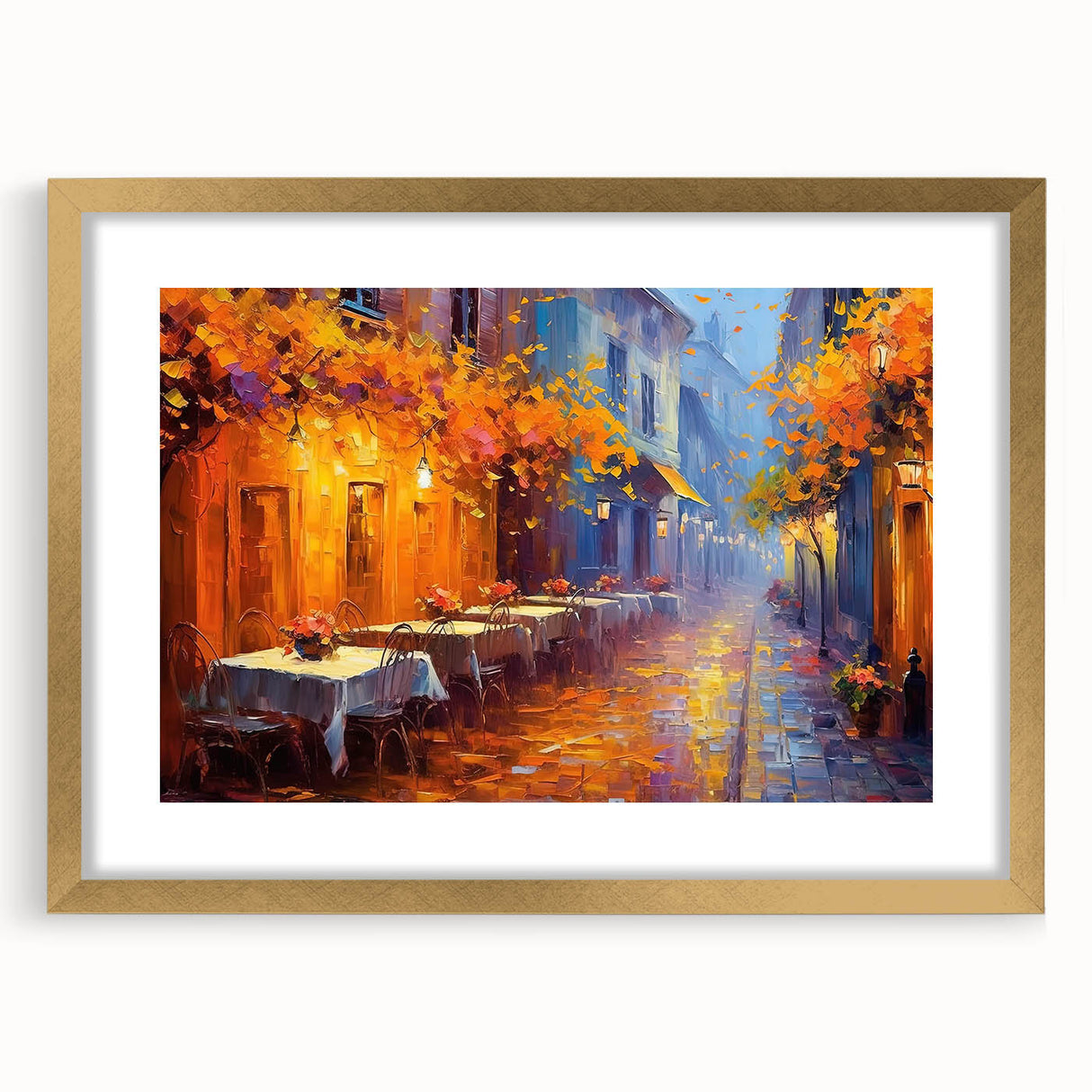 Elegant gold-framed wall art featuring a vibrant landscape design, showcasing detailed streets and nature elements, perfect for home décor. Ideal for enhancing interior spaces with artistic flair.