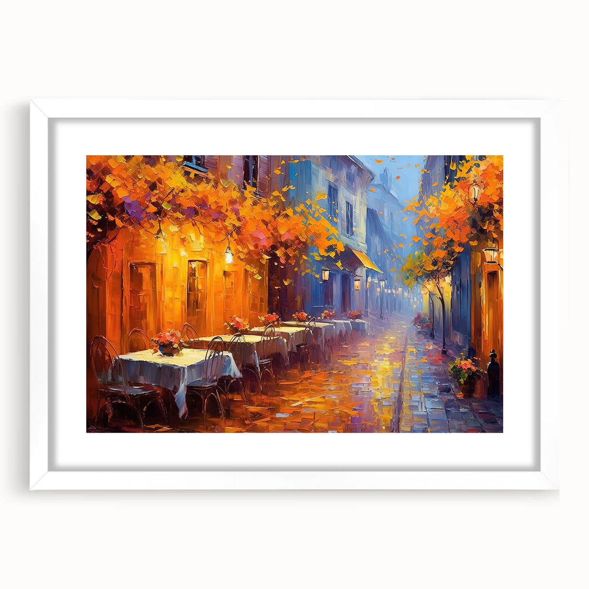 Framed landscape wall art collection featuring vibrant street design, displayed in a white mat frame, ideal for modern home decor and artistic enhancement.
