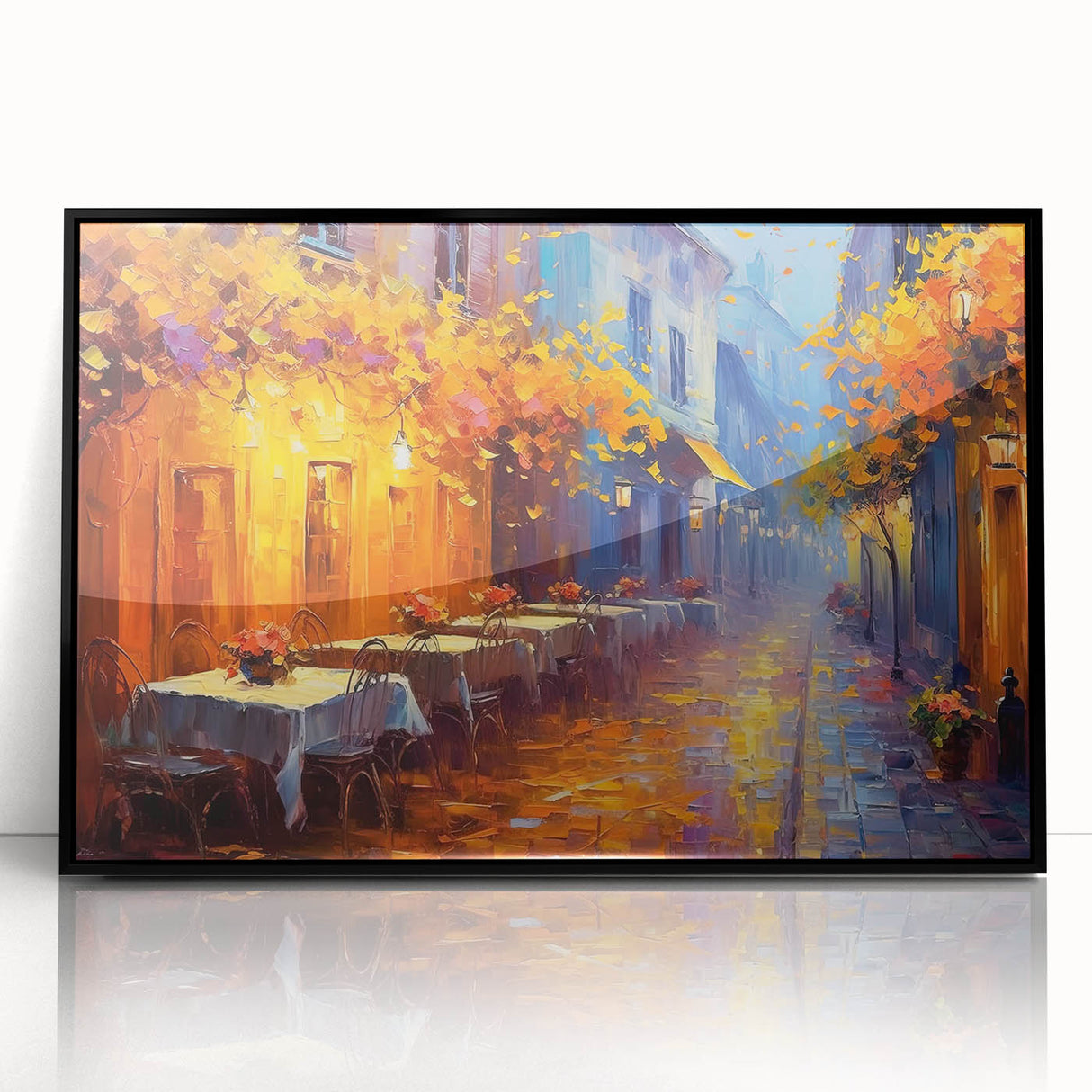 Framed acrylic wall art showcasing a vibrant city street landscape design, featuring a black frame that enhances the colorful scene, perfect for home or office decor.