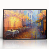 Framed acrylic wall art showcasing a vibrant city street landscape design, featuring a black frame that enhances the colorful scene, perfect for home or office decor.