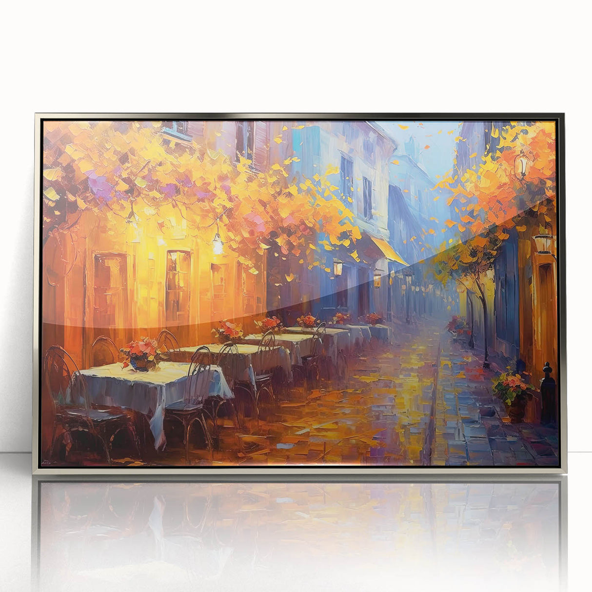 Framed acrylic wall art showcasing a modern city landscape with vibrant colors and intricate street designs, set in a sleek silver frame, perfect for contemporary decor.