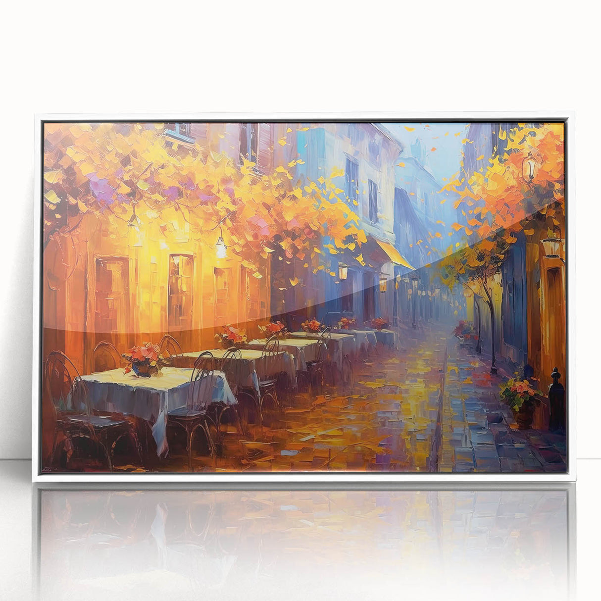 Framed acrylic wall art collection showcasing a vibrant landscapes and streets design in white frame, perfect for modern home decor, enhancing interior aesthetics.