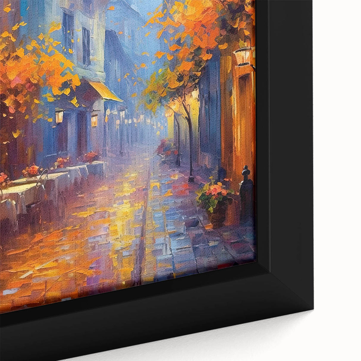 Framed canvas wall art showcasing a vibrant street landscape design in warm colors, perfect for modern home decor. The close-up highlights intricate details and textures.