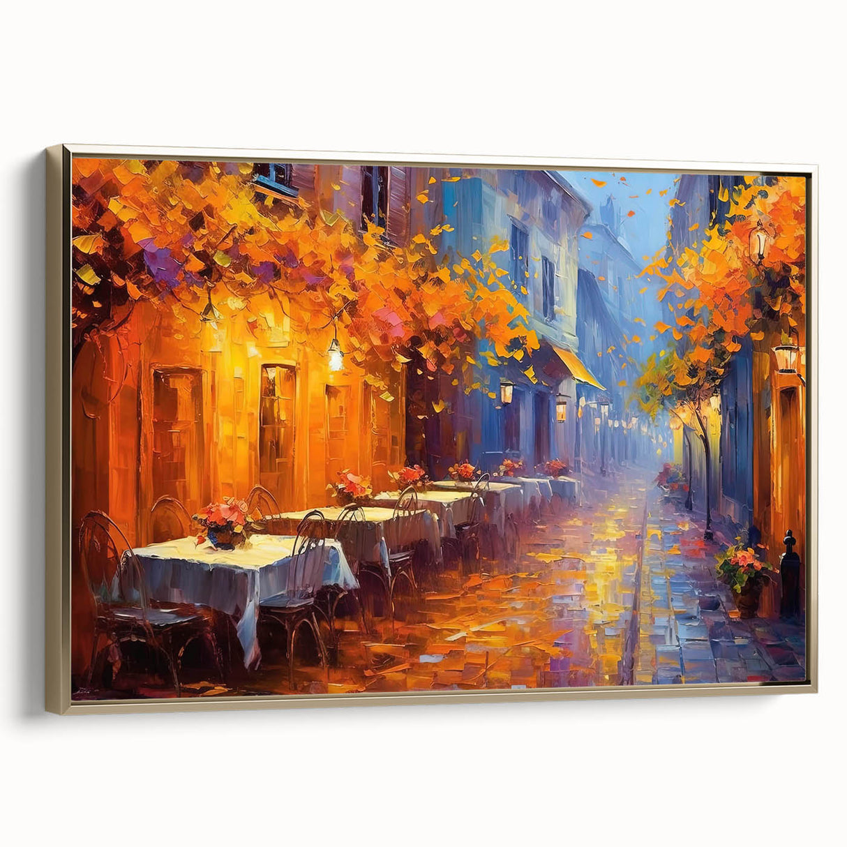 Framed canvas wall art showcasing a vibrant landscape scene with gold accents, ideal for home decor, emphasizing modern design and elegance.