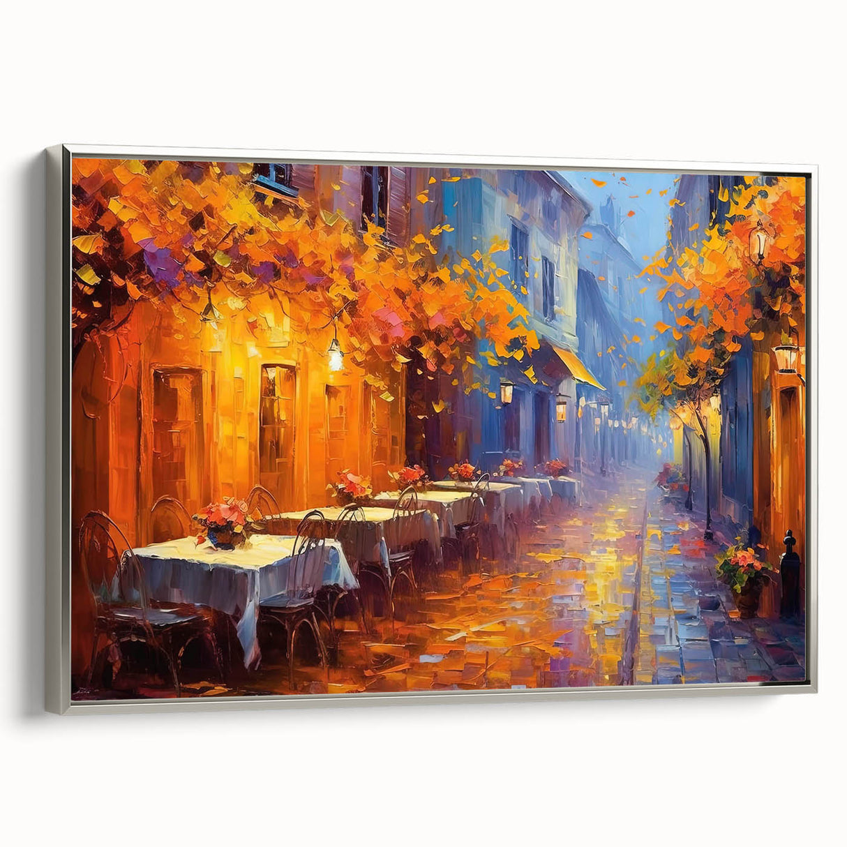 Framed canvas wall art depicting a serene landscape with vibrant colors, showcasing streets and nature, elegantly bordered in silver for a sophisticated touch.
