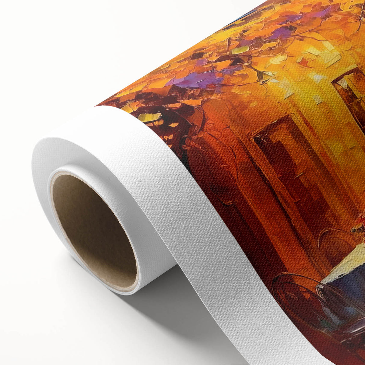 Rolled canvas showcasing a vibrant street landscape design with intricate details and bold colors, highlighting urban life, perfect for modern home decor.