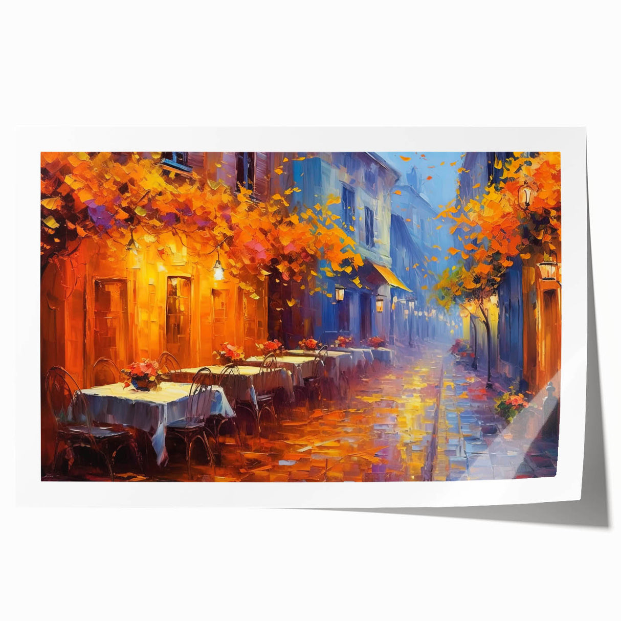 Rolled print showcasing a vibrant urban landscape design featuring colorful streets and architectural elements, ideal for modern home decor.