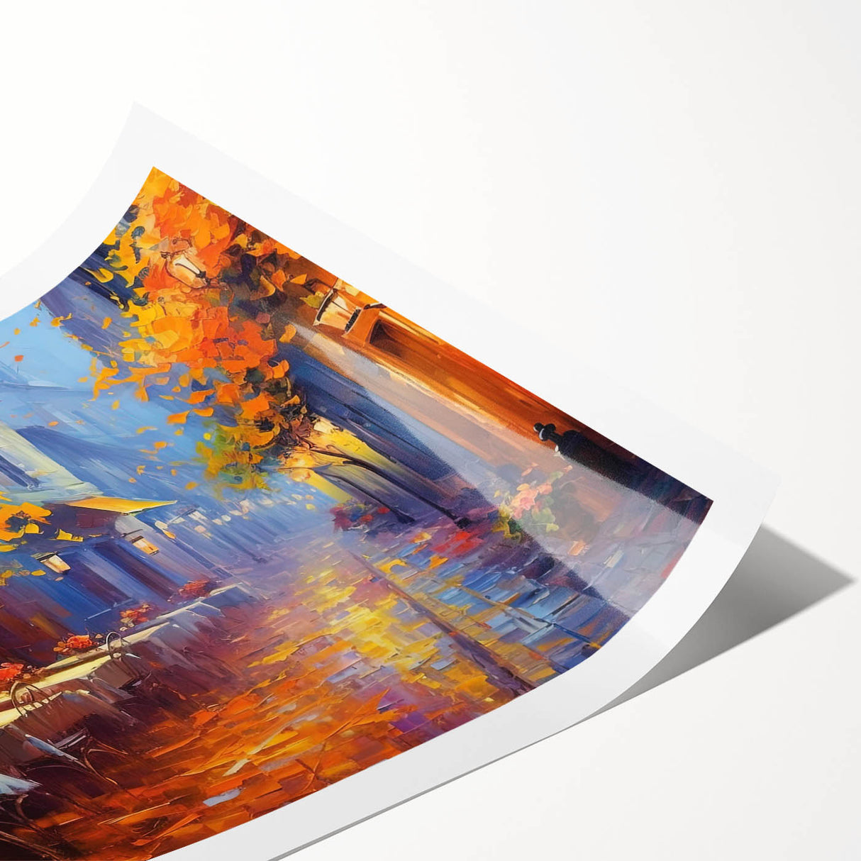 Rolled print showcasing a vibrant street landscape design with bold colors and intricate details, ideal for home decor or office wall art, packaged securely in a cardboard tube.
