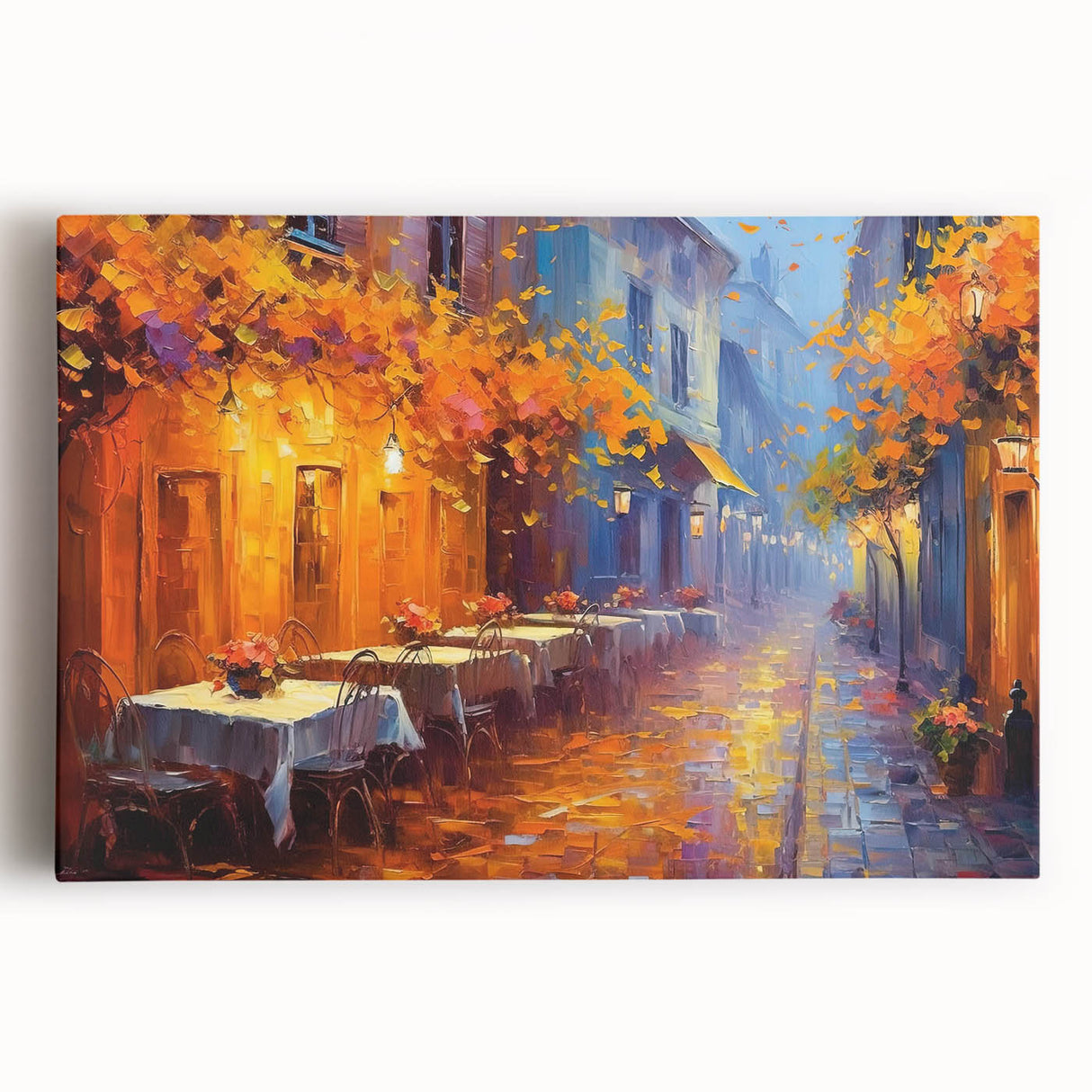 Stretched canvas wall art showcasing a vibrant street landscape design, featuring colorful buildings and lively streets, ideal for modern home decor.