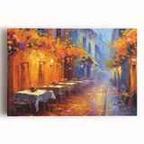 Stretched canvas wall art showcasing a vibrant street landscape design, featuring colorful buildings and lively streets, ideal for modern home decor.