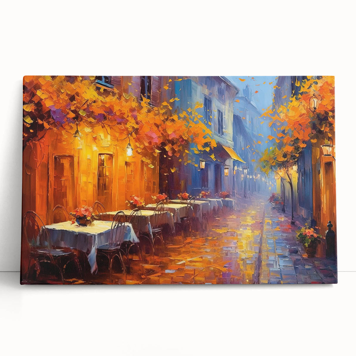 Stretched canvas artwork showcasing a vibrant city landscape with dynamic street design elements, leaning against a wall, perfect for modern home decor.