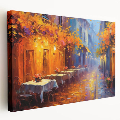 Stretched canvas wall art featuring a vibrant landscape design with colorful streets, ideal for modern home decor. Perfect for enhancing living spaces with artistic flair.