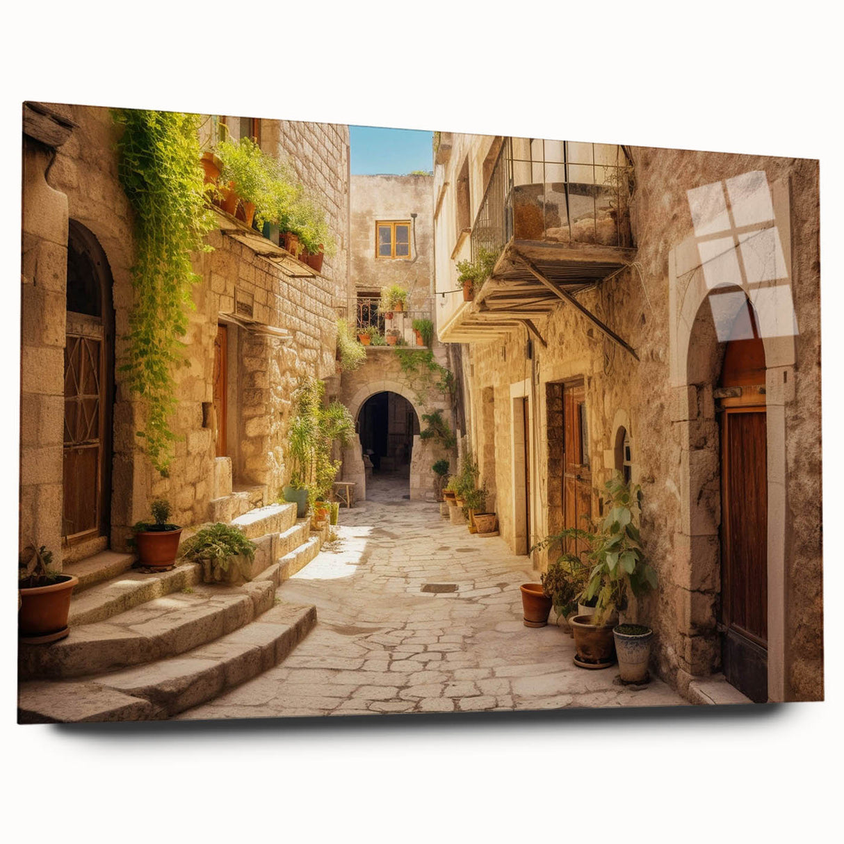 Acrylic glass wall art showcasing a vibrant city street landscape design in a side view, emphasizing bold colors and intricate details, perfect for modern decor.