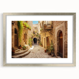 Framed silver wall art featuring a modern landscape design, complete with a mat, showcasing vibrant colors and intricate details, perfect for home decor.