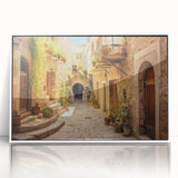 Framed acrylic wall art featuring a vibrant cityscape design in a sleek white frame. The artwork showcases colorful streets with modern architecture, perfect for enhancing any contemporary living space. Ideal for home decor enthusiasts seeking an urban aesthetic.