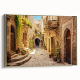 Framed canvas wall art showcasing a modern landscape design with vibrant colors and gold accents, perfect for enhancing contemporary home decor.