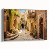 Framed canvas wall art showcasing a vibrant street landscape design with silver accents, perfect for modern home decor. Side view highlights its sleek profile.