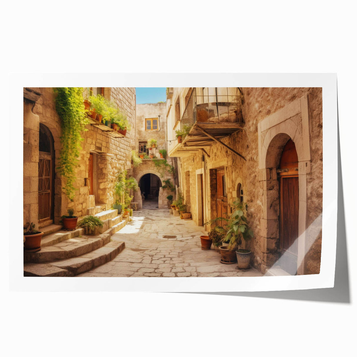 Rolled print showcasing a vibrant cityscape landscape design, featuring intricate street details and rich colors, ideal for home decor or office art displays.
