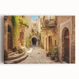 Stretched canvas artwork showcasing a vibrant urban landscape design, emphasizing intricate street details and bold colors, perfect for modern home decor.