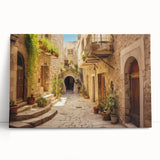 Stretched canvas wall art featuring a vibrant landscape design with serene street elements, leaning against a wall, enhancing modern home decor aesthetics.