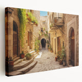 Stretched canvas wall art showcasing a vibrant street landscape design with rich colors, perfect for modern home decor, displayed in a side view.