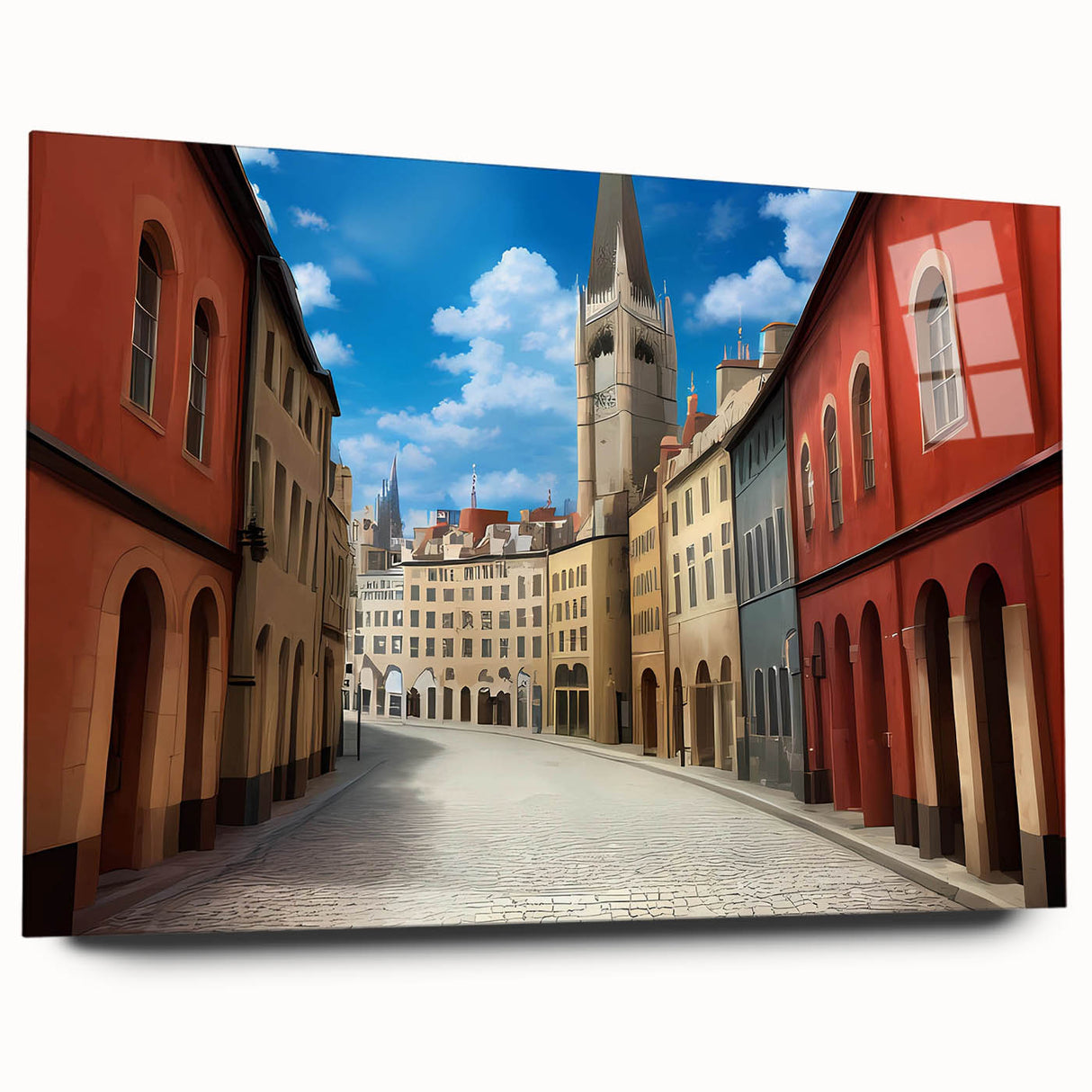 Acrylic glass wall art collection featuring a vibrant street landscape design in a side view, showcasing intricate details and colors, ideal for modern decor.