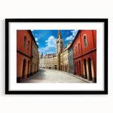 Framed black wall art showcasing a modern landscape design with street elements, featuring a crisp white mat, perfect for contemporary home decor.