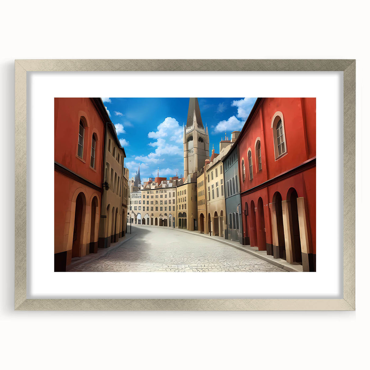 Framed wall art collection showcasing a vibrant street landscape design with a silver mat, ideal for home decor. The piece features colorful city scenes, adding a modern touch to any interior space.