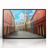 Framed acrylic wall art featuring a vibrant street landscape design, showcased in a sleek black frame, ideal for modern home decor and artistic ambiance.