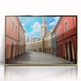 Framed acrylic wall art featuring a stunning landscape design with gold accents, showcasing intricate street scenes and vibrant colors, perfect for modern home decor.