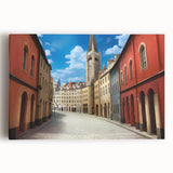 Stretched canvas wall art showcasing a vibrant city landscape design, featuring rich colors and intricate details, ideal for modern home décor.
