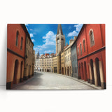 Stretched canvas wall art featuring a vibrant landscape design with rich colors, elegantly leaning against a wall, showcasing modern decor style. Perfect for enhancing interior aesthetics.