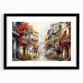 Framed black wall art featuring a modern landscape design with a mat, showcasing intricate street details and vibrant colors, ideal for contemporary home decor.