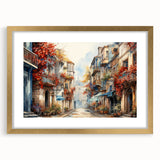 Elegant gold-framed wall art featuring a vibrant streetscape design, showcasing colorful buildings and lively street scenes, perfect for modern home decor.