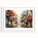Framed wall art featuring a serene landscape design with vibrant colors, set in a modern white frame with a mat, ideal for home decor or office ambiance.