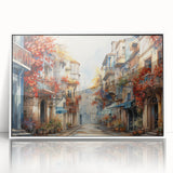 Framed acrylic wall art showcasing a vibrant streetscape design with a white frame, ideal for modern home decor. Perfect for enhancing living spaces with urban art.