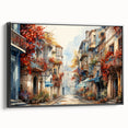 Framed wall art showcasing a modern cityscape design, featuring vibrant colors and intricate details on a black canvas, ideal for contemporary decor.