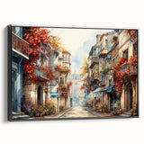 Framed wall art showcasing a modern cityscape design, featuring vibrant colors and intricate details on a black canvas, ideal for contemporary decor.
