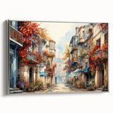 Framed canvas wall art showcasing a modern landscape design with vibrant colors, silver frame, and a side view that highlights its elegant presentation, perfect for home decor.