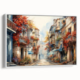 Framed canvas wall art featuring a modern landscape design with vibrant colors, displayed from a side view against a white background, perfect for home decor.