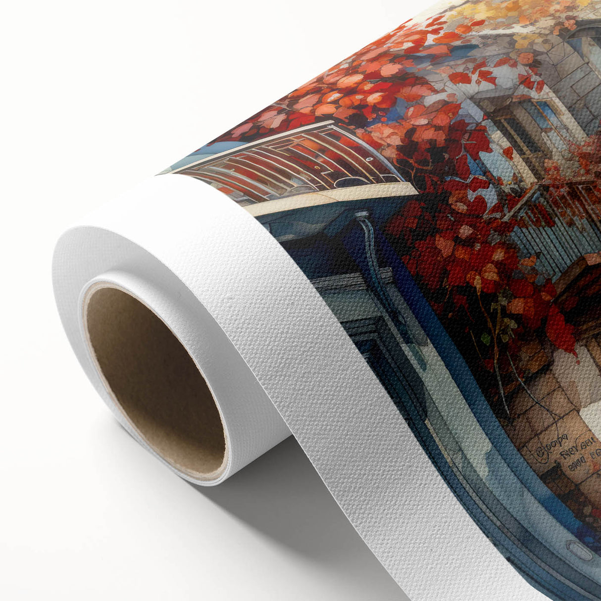Rolled canvas wall art showcasing a vibrant street landscape design, featuring bold colors and intricate details, packaged securely in a protective cardboard tube.