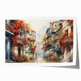 Rolled wall art print showcasing a vibrant street landscape design, featuring colorful buildings and urban elements, elegantly packed in a protective cardboard tube.
