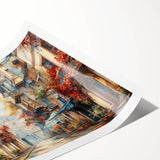 Vibrant rolled canvas print showcasing a colorful urban landscape design, featuring abstract street art elements, ideal for modern home decor.