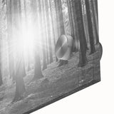 Close-up of a vibrant acrylic glass wall art featuring a picturesque landscape with lush green trees and a serene blue sky, ideal for nature lovers' decor.