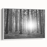 Framed canvas wall art showcasing a serene landscape with vibrant green trees against a white backdrop, ideal for enhancing modern home decor.