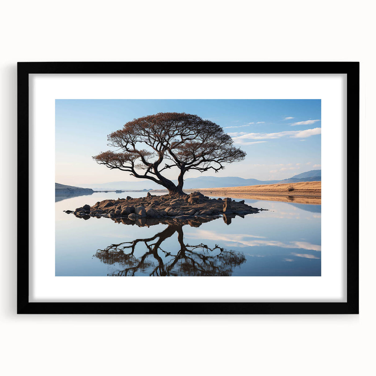 Framed wall art featuring a serene landscape design with trees, set in a sleek black frame and white matting, ideal for home decor enhancement.