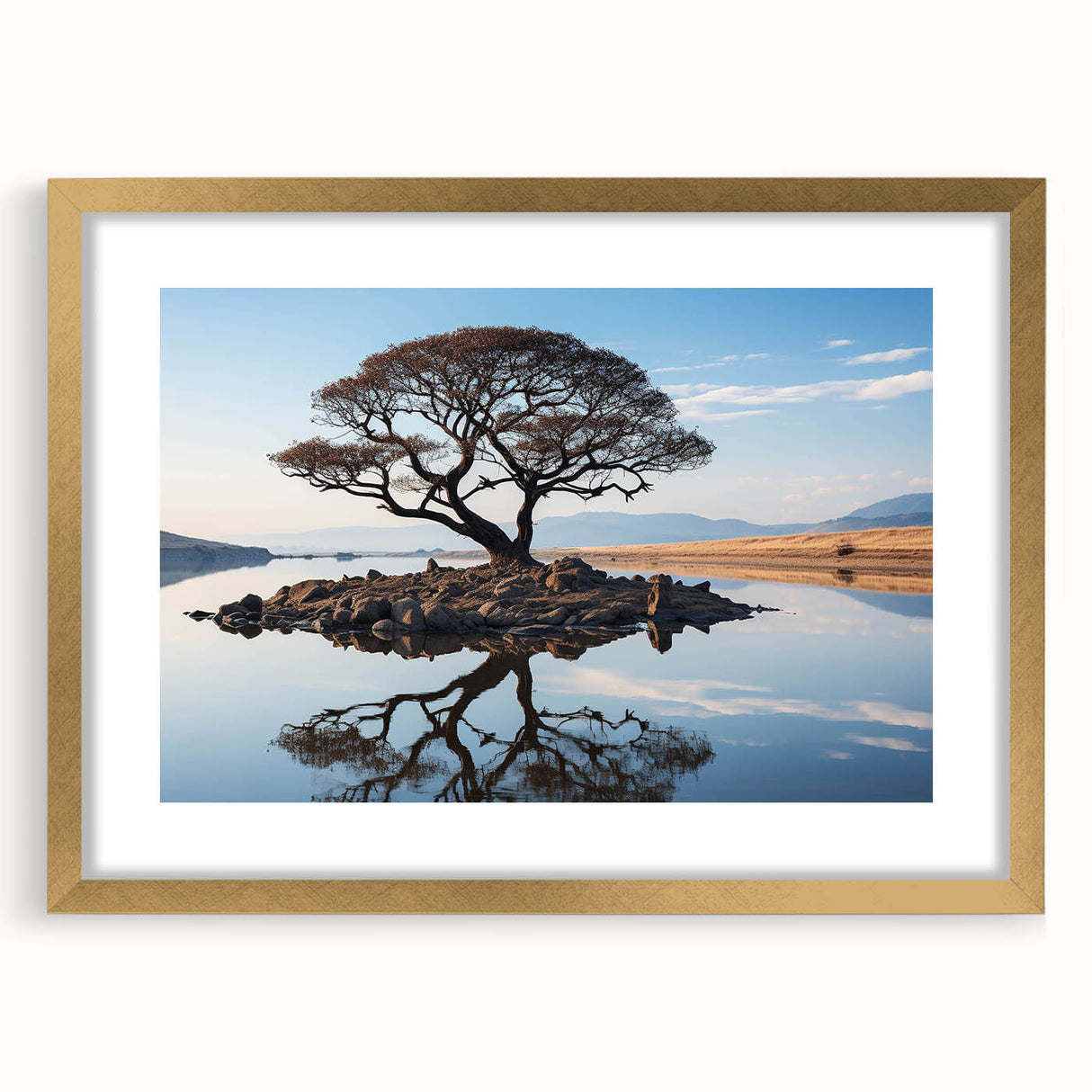 Framed wall art featuring a collection of landscape and tree designs with a gold mat, perfect for home decor. The piece showcases vibrant colors and intricate details, enhancing any living space's aesthetic appeal.