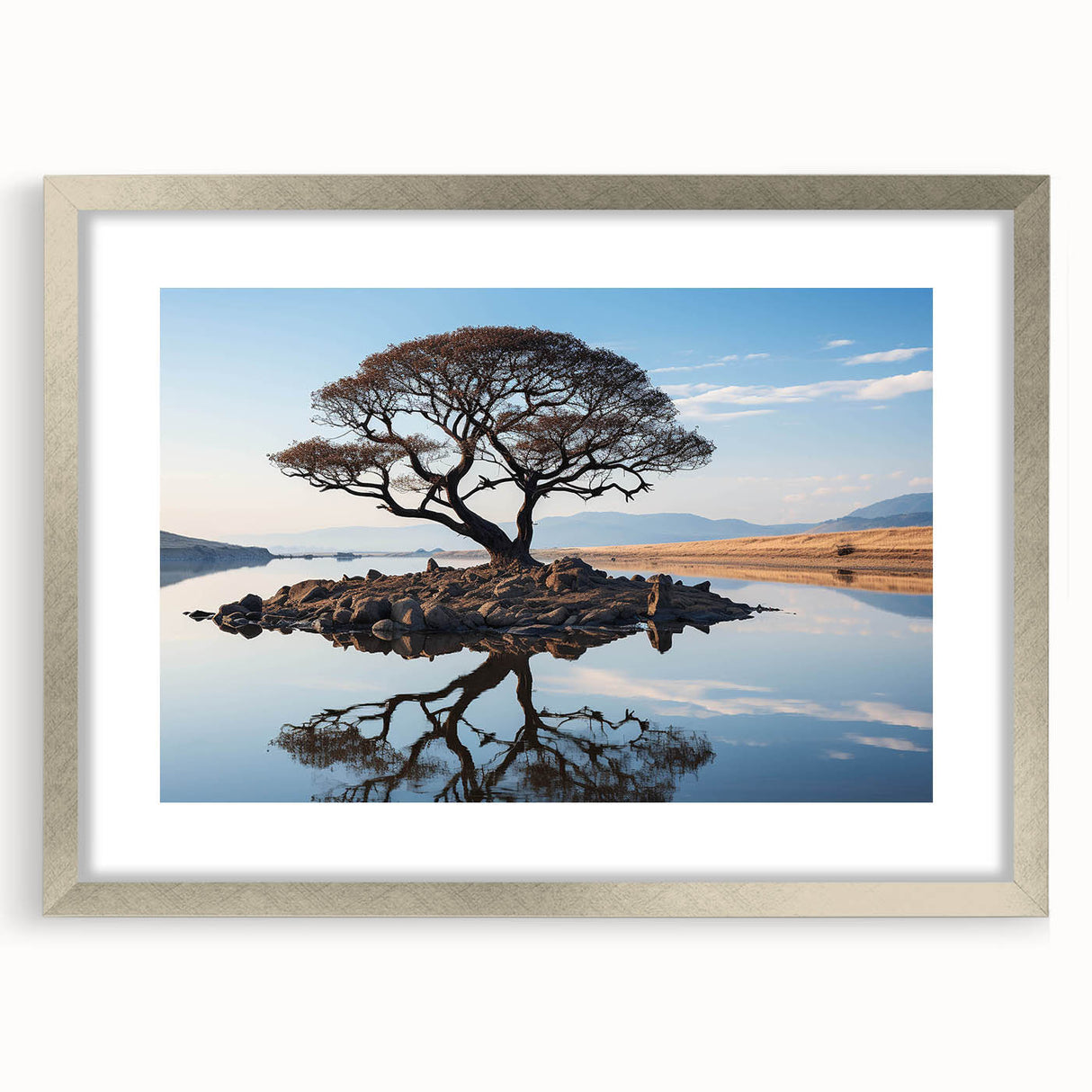 Framed wall art featuring a serene landscape design with trees, showcased in a stylish silver frame with a mat, perfect for enhancing home decor.