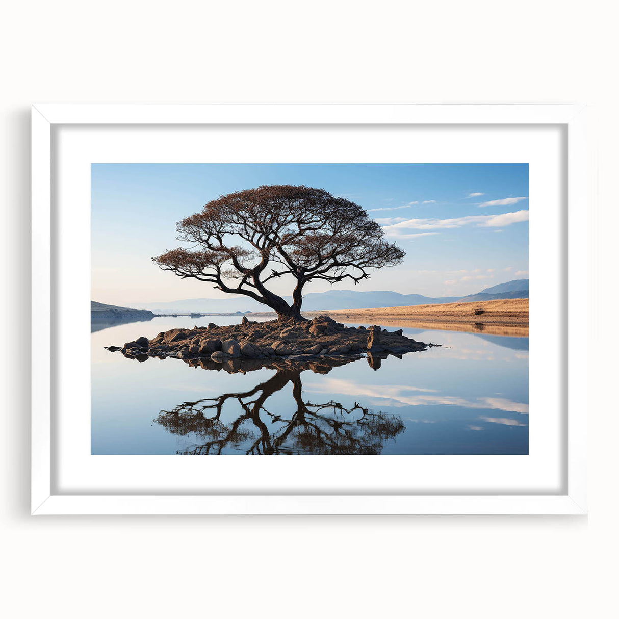 Framed wall art featuring a serene landscape with trees, showcasing a white mat and sleek frame, perfect for home decor and nature lovers.