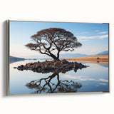 Framed canvas wall art featuring a serene landscape with trees, designed in a modern style with a silver frame, perfect for home decor. Ideal for nature lovers seeking artistic elegance.